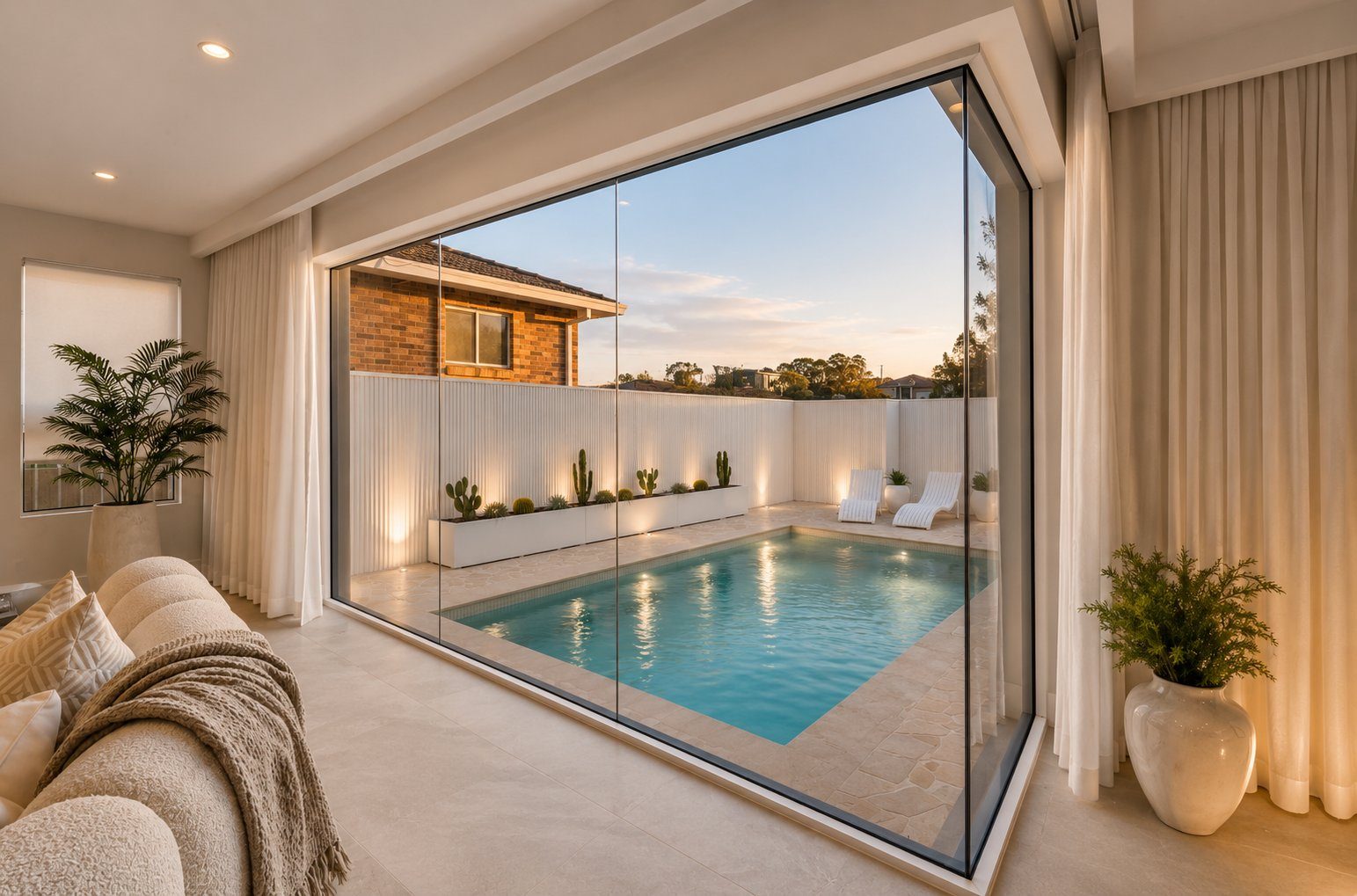 Pool view from living room through floor-to-ceiling glazing