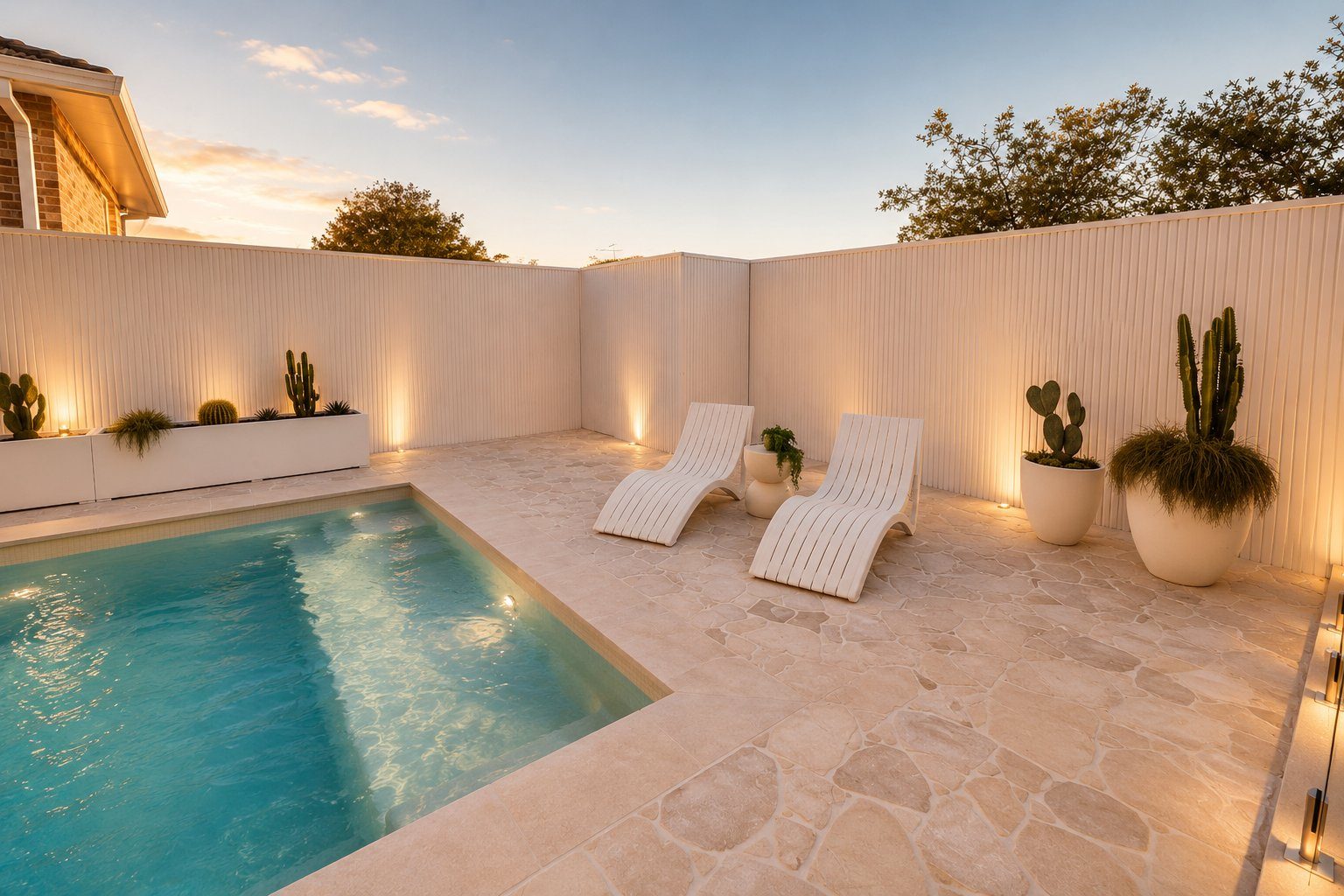 Travertine pool deck with sun loungers, Sydney