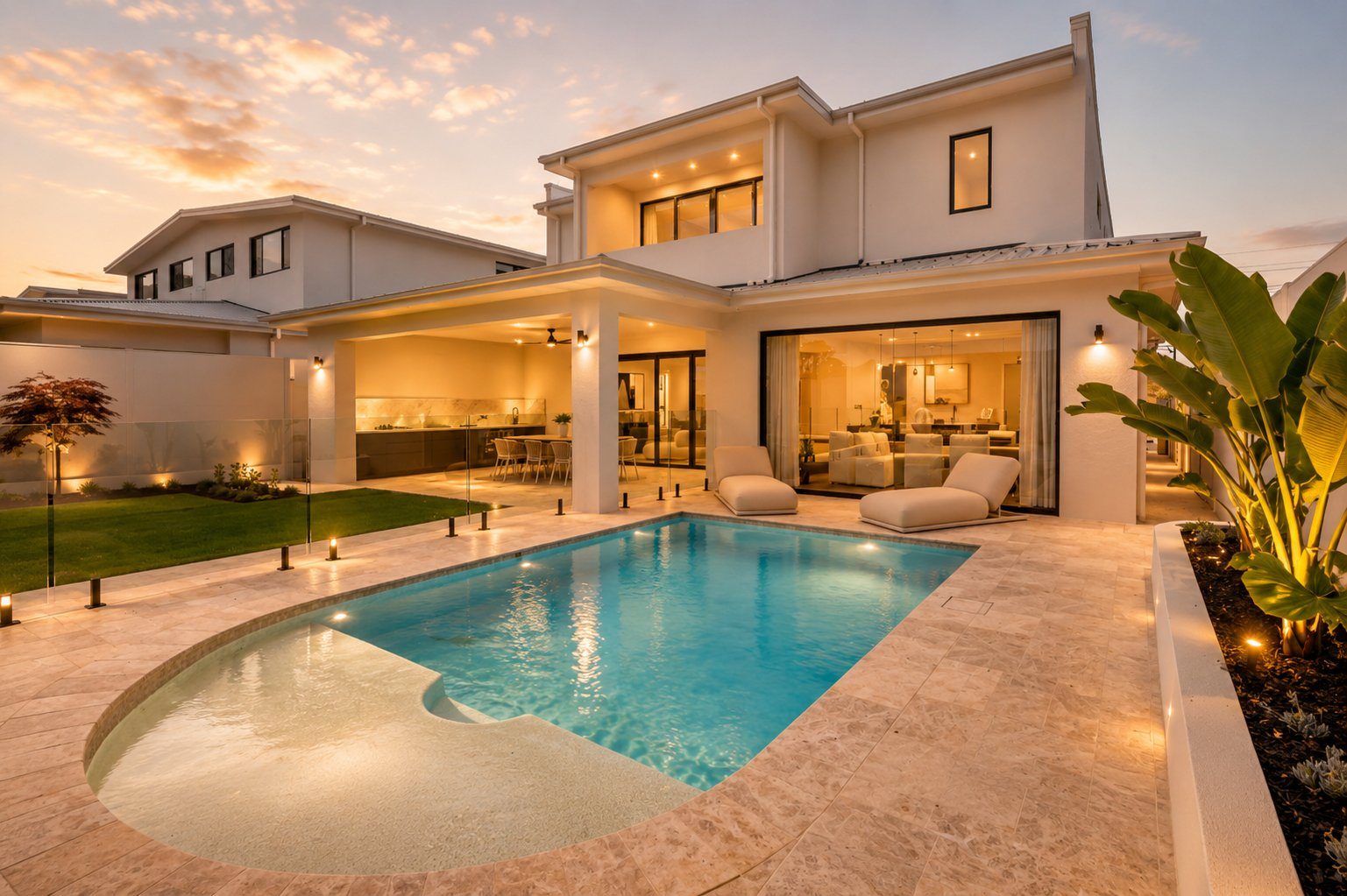 Twilight outdoor lounge with maples and pool, Sydney