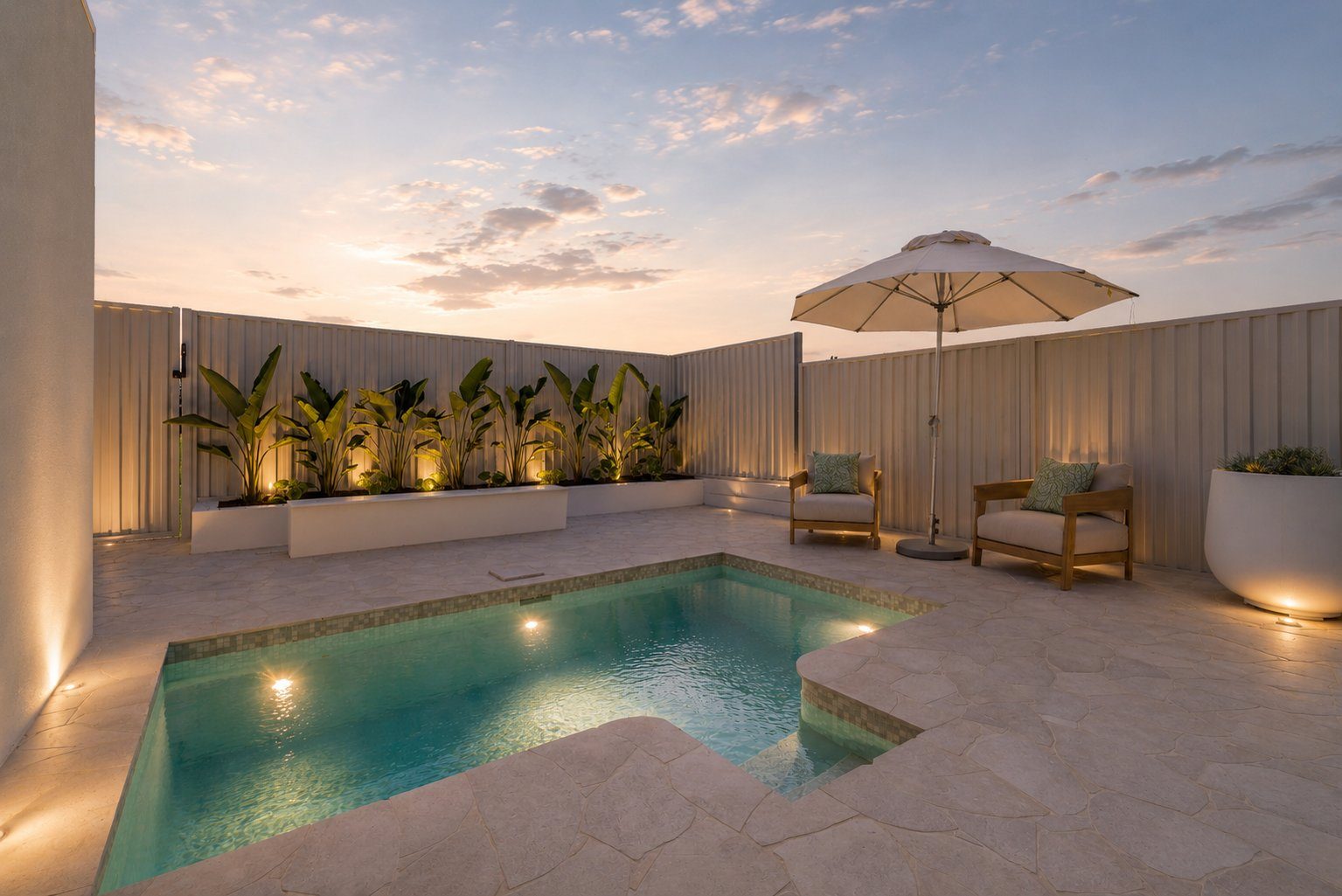 Multi-residential pool corner detail at dusk